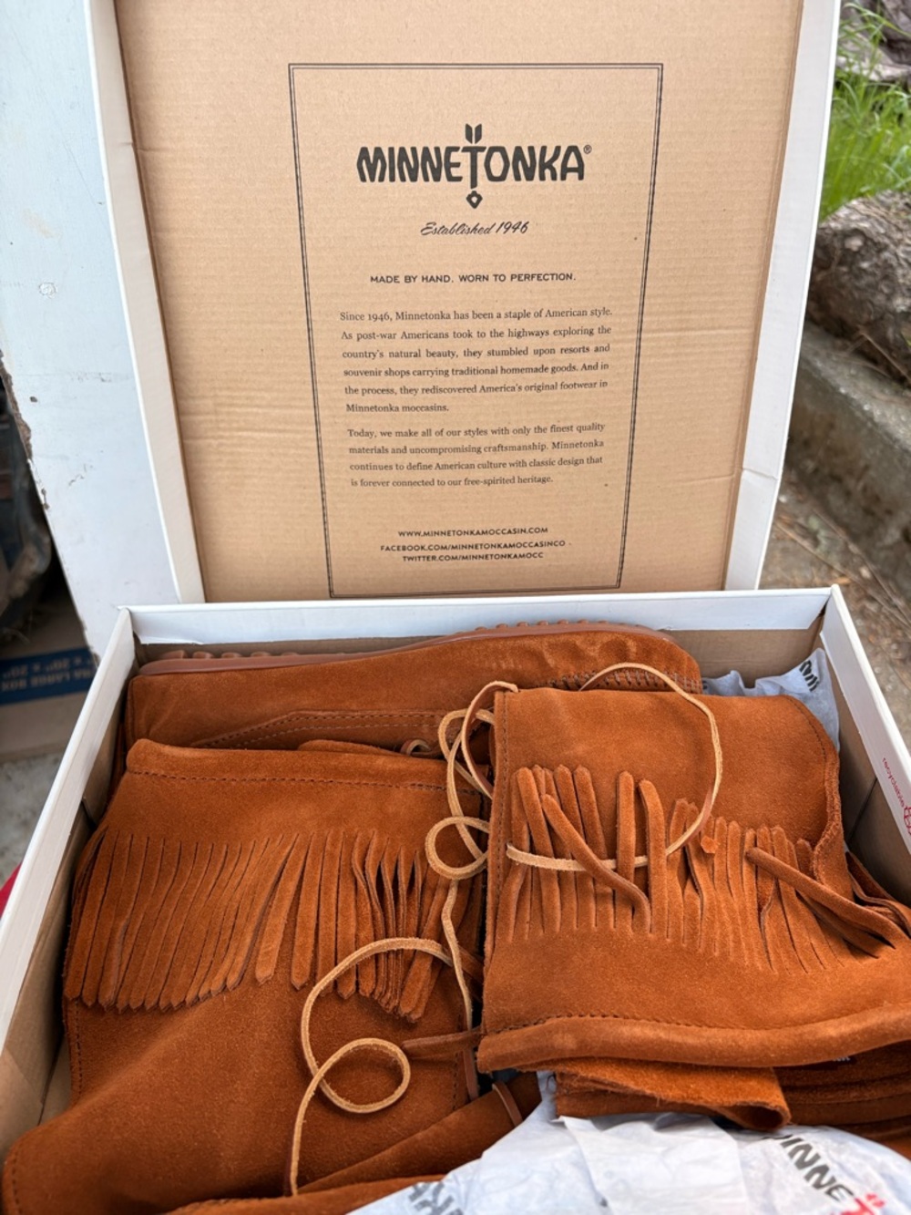 Minnetonka Fringe Suede Moccasins in Rust Orange